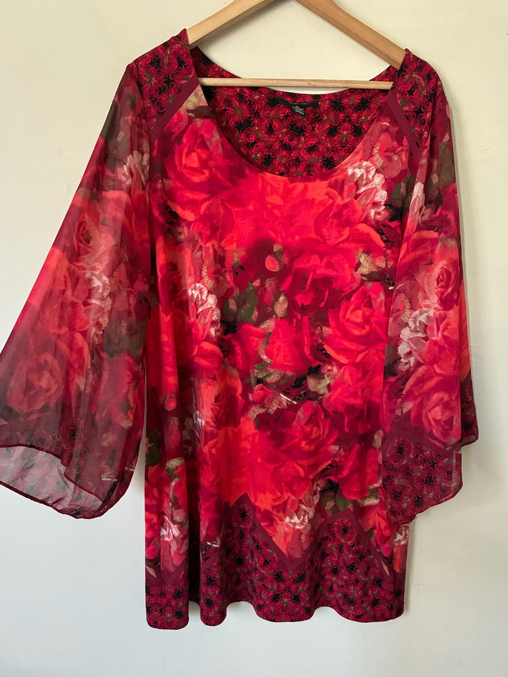 Style & Co Y2K Fairycore Red Floral Rose Print Tunic Top Sheer Bell Sleeve XL
